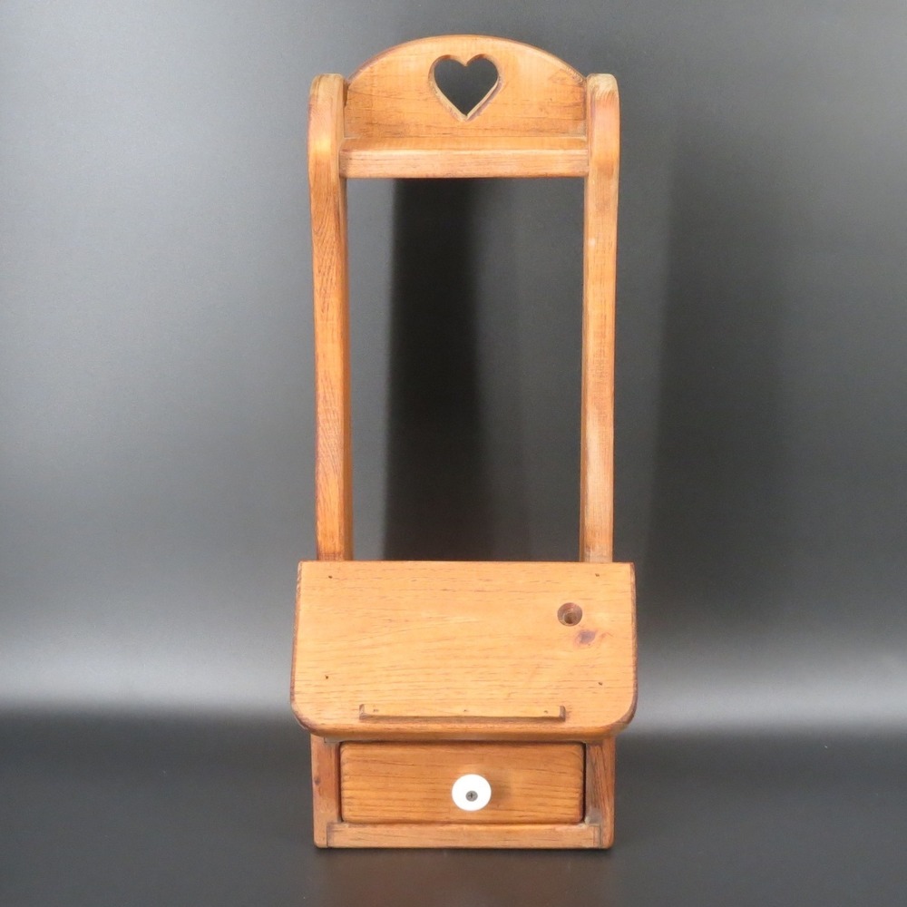 Handmade Wooden Wall Phone Message Station Notepad Pen Holder Drawer Heart VTG